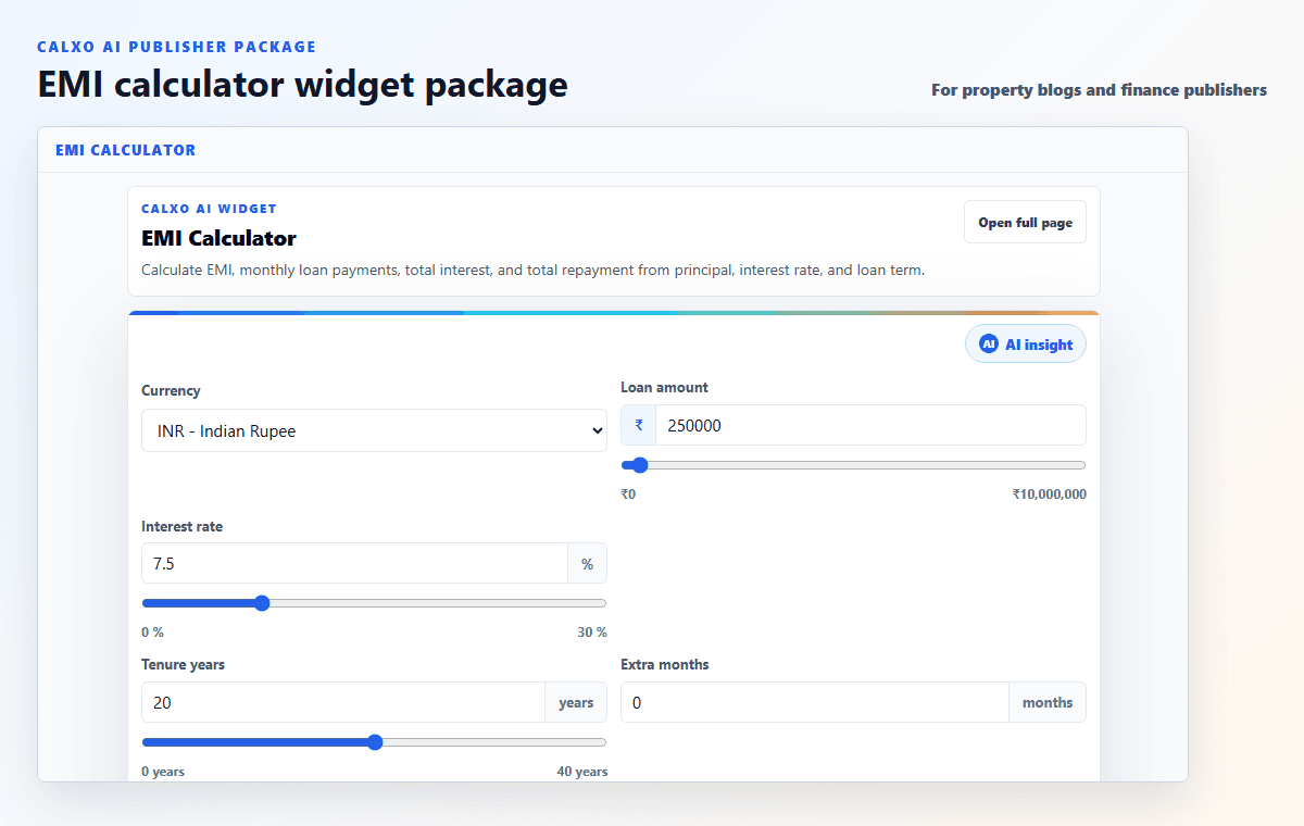 EMI calculator widget preview showing monthly payment inputs and results.