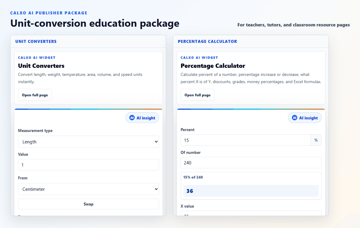 Unit conversion and percentage calculator widget preview for education websites.